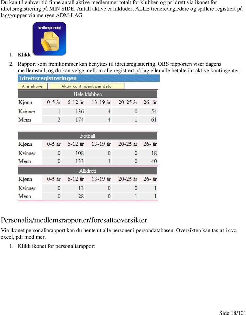 Rapport som fremkommer kan benyttes til idrettsregistrering.