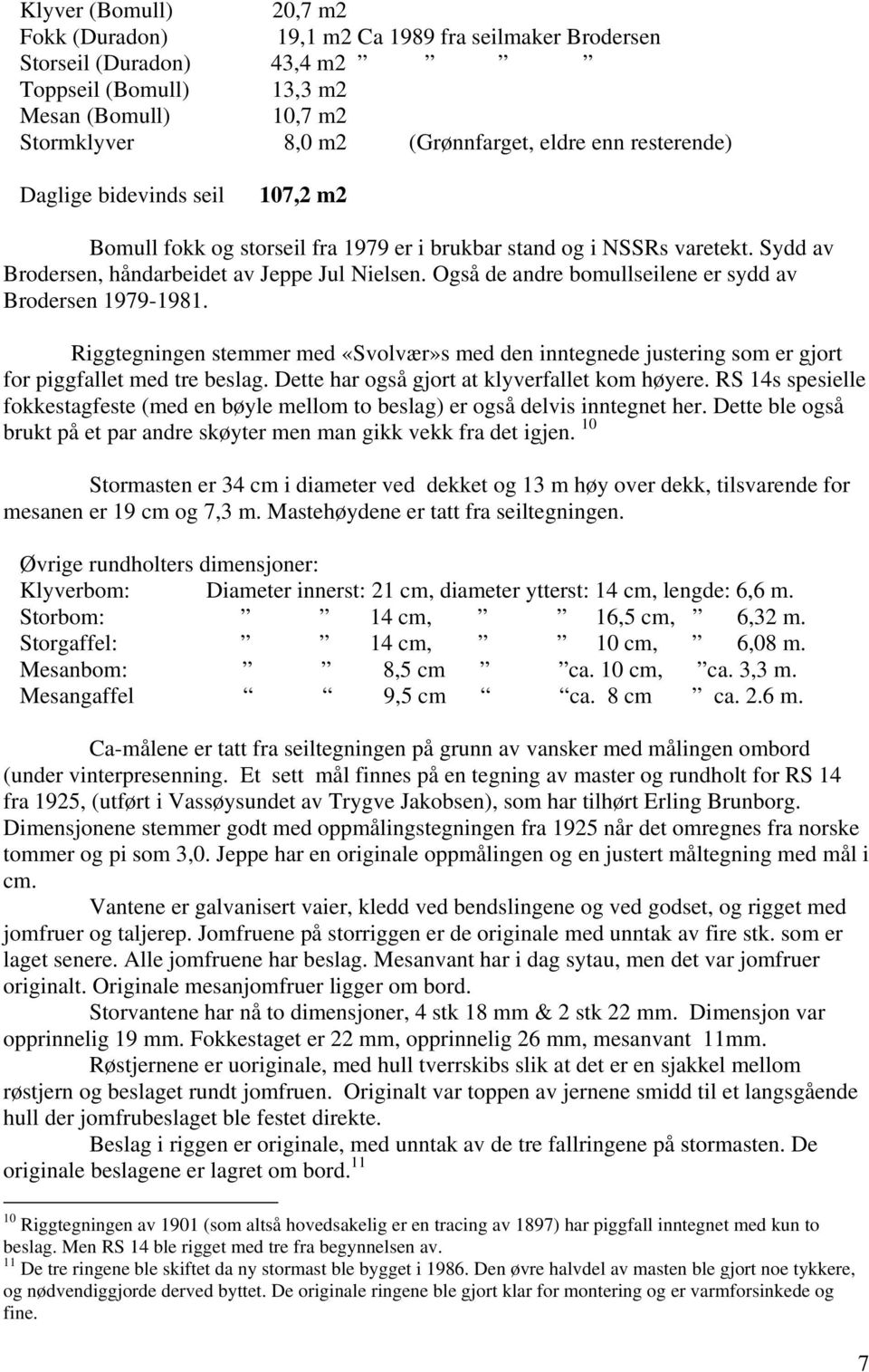 Også de andre bomullseilene er sydd av Brodersen 1979-1981. Riggtegningen stemmer med «Svolvær»s med den inntegnede justering som er gjort for piggfallet med tre beslag.