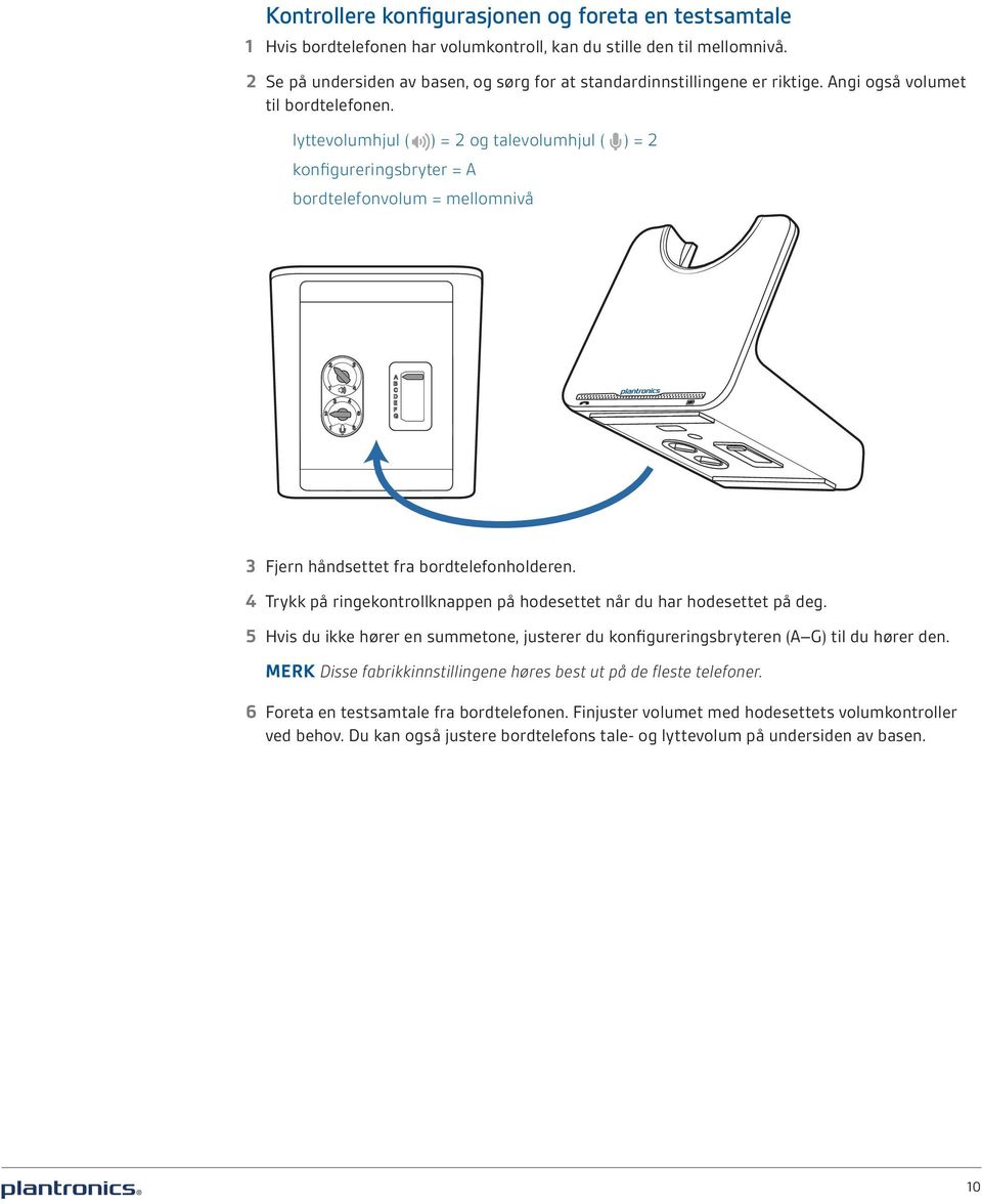 lyttevolumhjul ( ) = 2 og talevolumhjul ( ) = 2 konfigureringsbryter = A bordtelefonvolum = mellomnivå 3 Fjern håndsettet fra bordtelefonholderen.