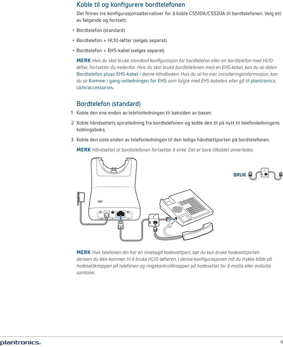 HL10- løfter, fortsetter du nedenfor. Hvis du skal bruke bordtelefonen med en EHS-kabel, kan du se delen Bordtelefon pluss EHS-kabel i denne håndboken.