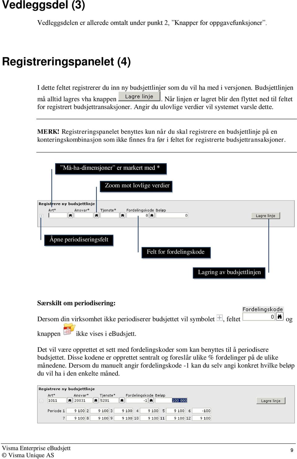 Når linjen er lagret blir den flyttet ned til feltet for registrert budsjettransaksjoner. Angir du ulovlige verdier vil systemet varsle dette. MERK!