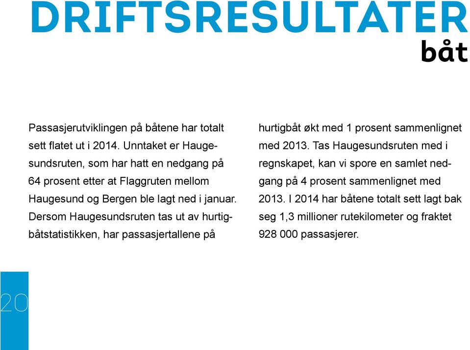 Dersom Haugesundsruten tas ut av hurtigbåtstatistikken, har passasjertallene på hurtigbåt økt med 1 prosent sammenlignet med 2013.