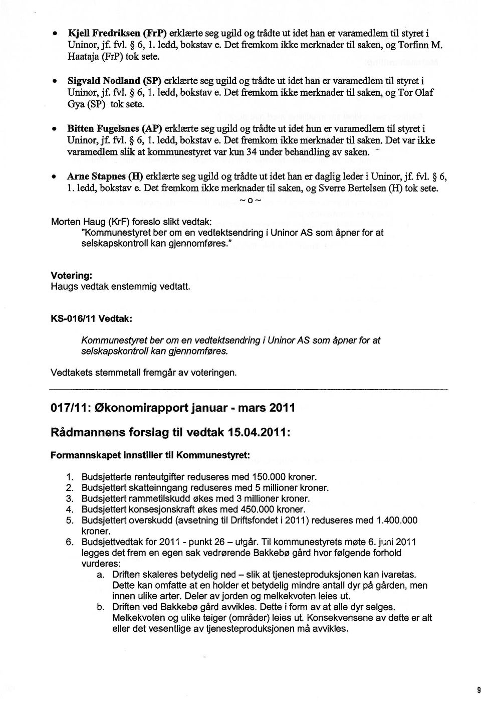 Det fremkom ikke merknader til saken, og Tor Olaf Gya (SP) tok sete. Bitten Fugeisnes (AP) erklærte seg ugild og trådte ut idet hun er varamedlem til styret i Uninor, jf. fvl. 6, 1. ledd, bokstav e.