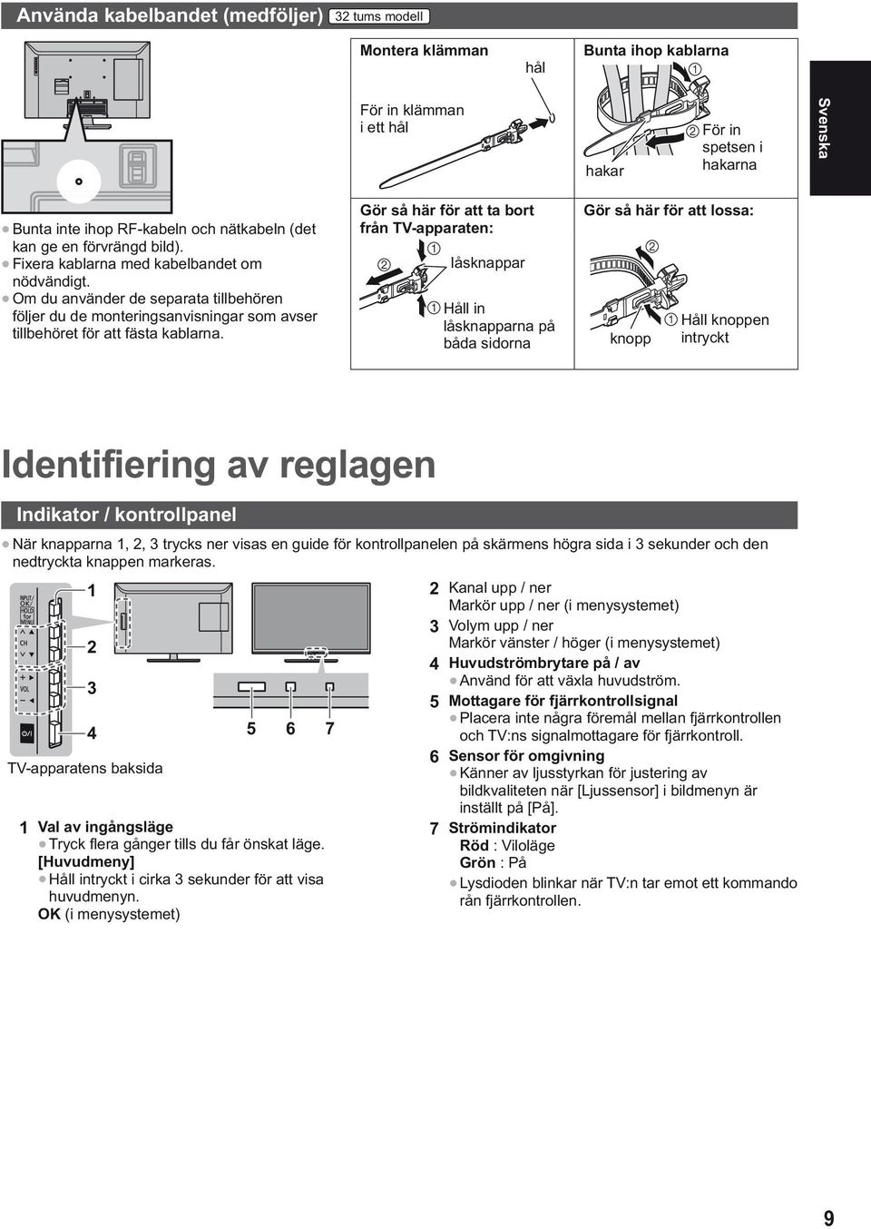 Gör så här för att ta bort från TV-apparaten: låsknappar Håll in låsknapparna på båda sidorna Gör så här för att lossa: knopp Håll knoppen intryckt Identifiering av reglagen Indikator / kontrollpanel