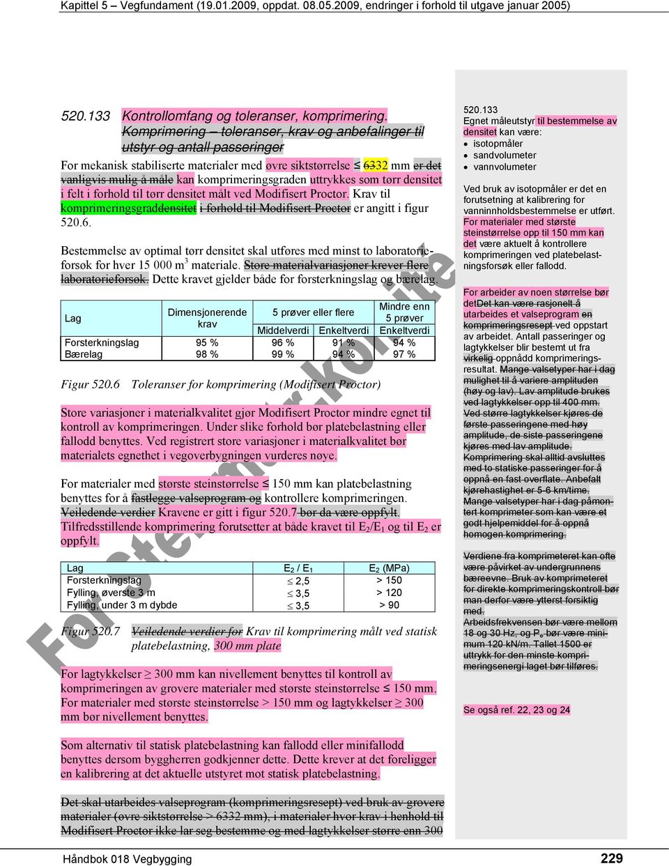 komprimeringsgraden uttrykkes som tørr densitet i felt i forhold til tørr densitet målt ved Modifisert Proctor.