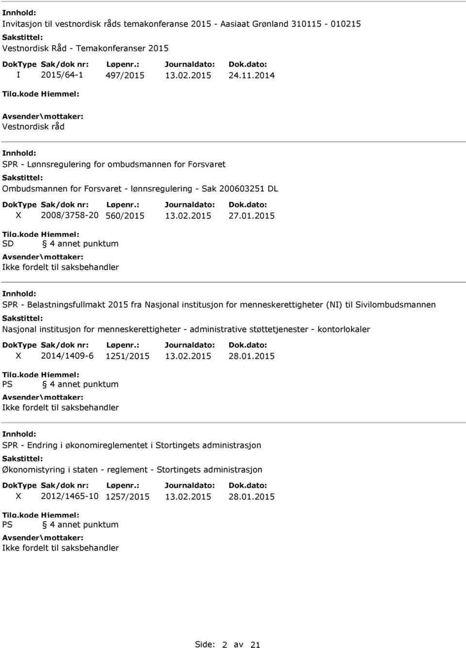 2014 Vestnordisk råd SPR - Lønnsregulering for ombudsmannen for Forsvaret Ombudsmannen for Forsvaret - lønnsregulering - Sak 200603251 DL 2008/3758-20 560/2015 4 annet punktum kke fordelt til