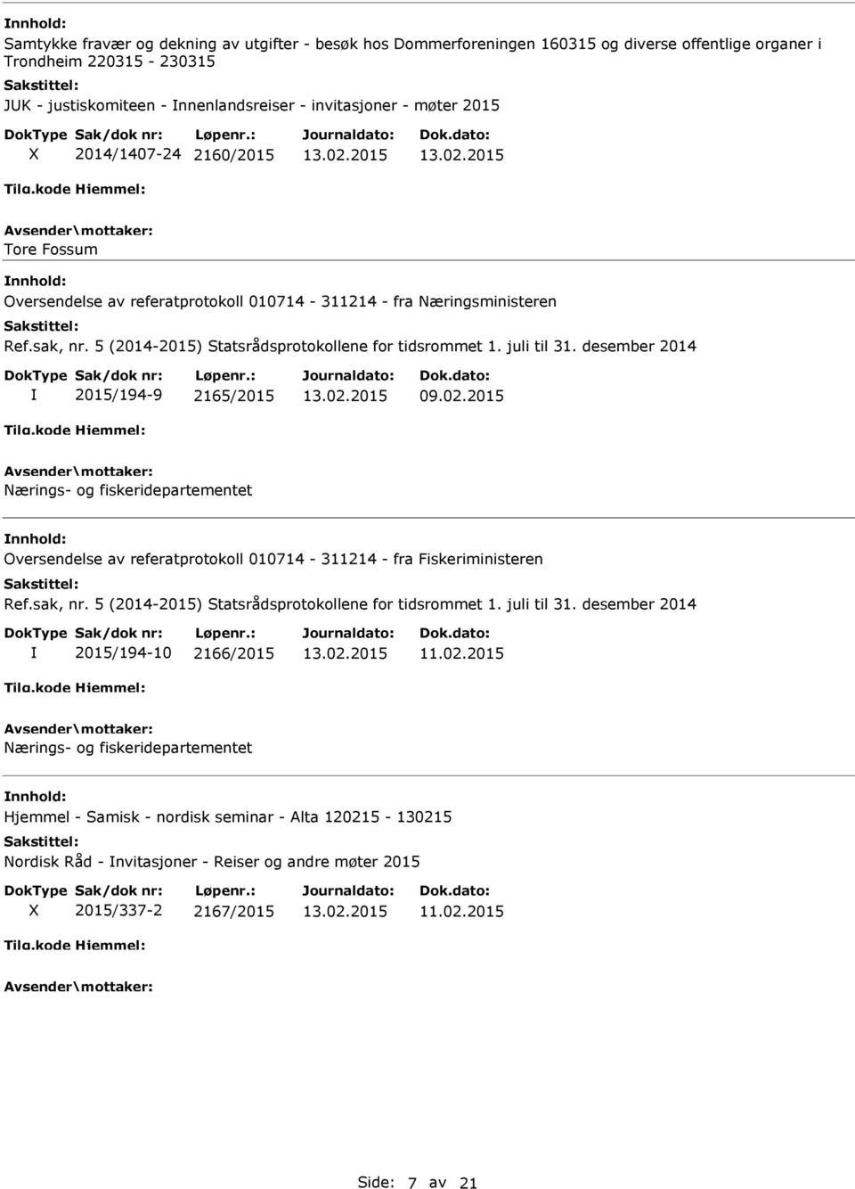 desember 2014 2015/194-9 2165/2015 09.02.2015 Nærings- og fiskeridepartementet Oversendelse av referatprotokoll 010714-311214 - fra Fiskeriministeren Ref.sak, nr.