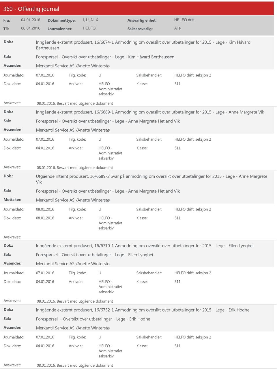 dato: Arkivdel: -, Besvart med utgående dokument Inngående eksternt produsert, 16/6689-1 Anmodning om oversikt over utbetalinger for 2015 - Lege - Anne Margrete Vik Forespørsel - Oversikt over