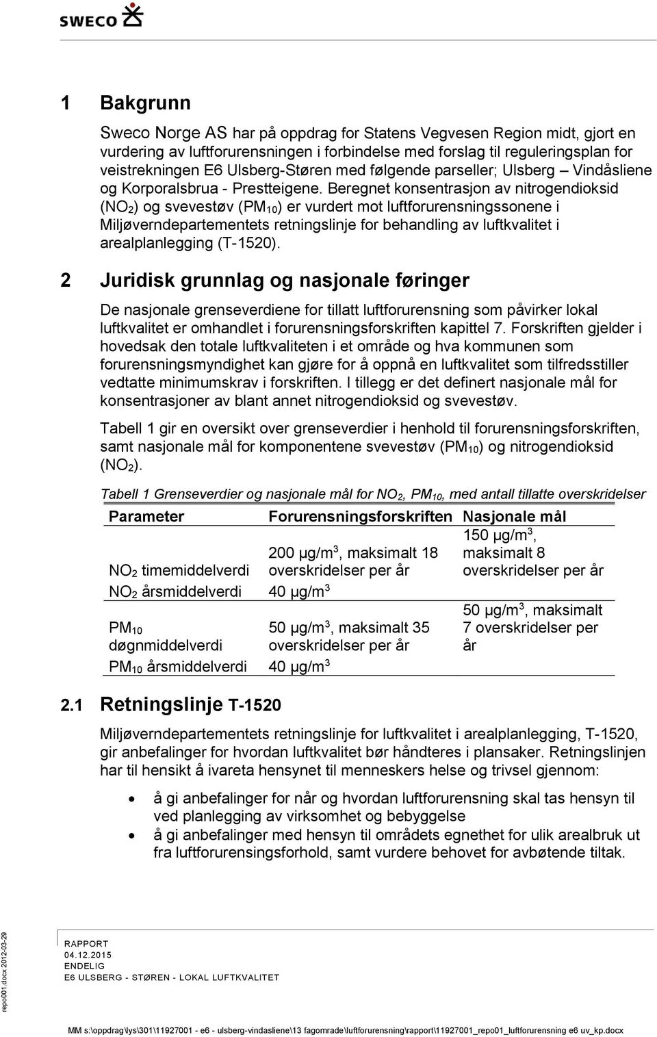 Beregnet konsentrasjon av nitrogendioksid (NO 2) og svevestøv (PM 10) er vurdert mot luftforurensningssonene i Miljøverndepartementets retningslinje for behandling av luftkvalitet i arealplanlegging