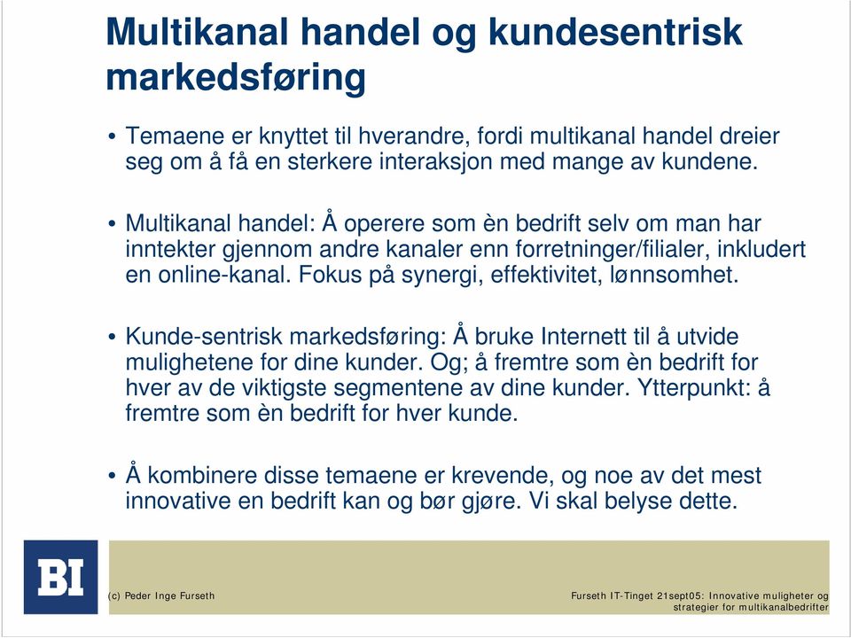 Fokus på synergi, effektivitet, lønnsomhet. Kunde-sentrisk markedsføring: Å bruke Internett til å utvide mulighetene for dine kunder.