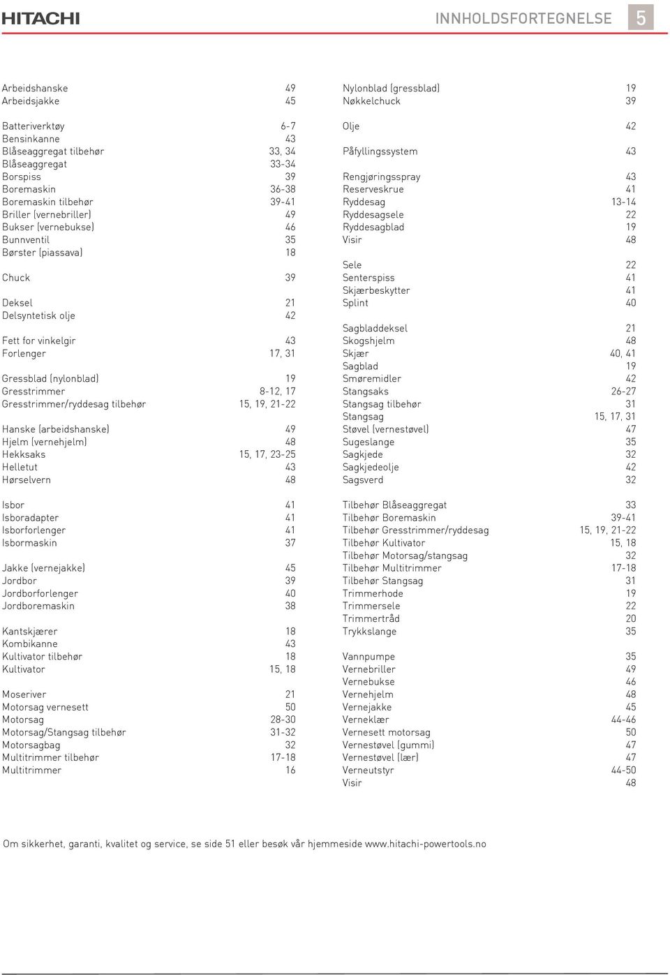 Gresstrimmer 8-12, 17 Gresstrimmer/ryddesag tilbehør 15, 19, 21-22 Hanske (arbeidshanske) 49 Hjelm (vernehjelm) 48 Hekksaks 15, 17, 23-25 Helletut 43 Hørselvern 48 Isbor 41 Isboradapter 41