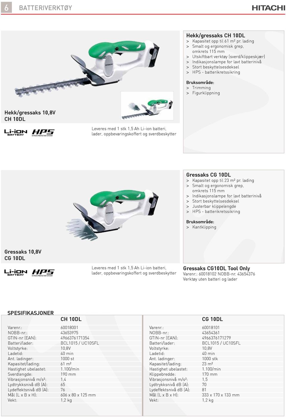 Figurklippning Hekk/gressaks 10,8V CH 10DL Leveres med 1 stk 1,5 Ah Li-ion batteri, lader, oppbevaringskoffert og sverdbeskytter Gressaks CG 10DL > Kapasitet opp til 23 m² pr.