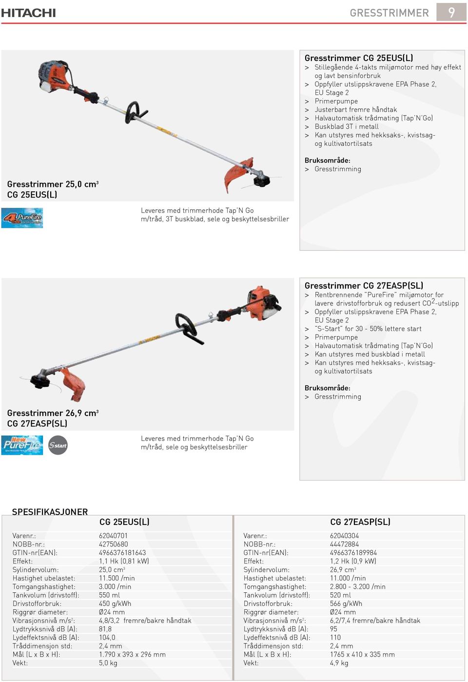 trimmerhode Tap N Go m/tråd, 3T buskblad, sele og beskyttelsesbriller Gresstrimmer CG 27EASP(SL) > Rentbrennende PureFire miljømotor for lavere drivstofforbruk og redusert CO 2 -utslipp > Oppfyller