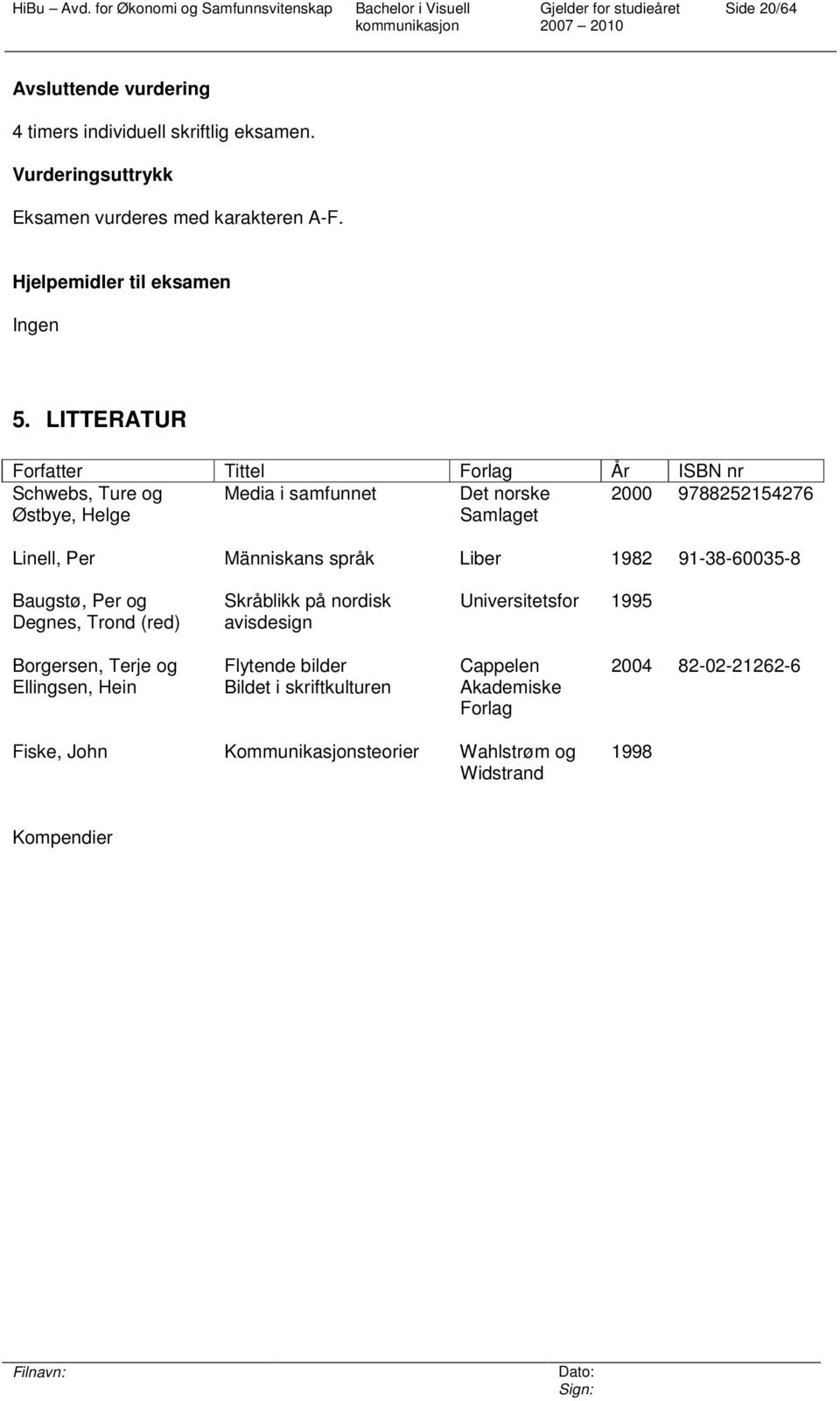 LITTERATUR Forfatter Tittel Forlag År ISBN nr Schwebs, Ture og Media i samfunnet Det norske 2000 9788252154276 Østbye, Helge Samlaget Linell, Per Människans