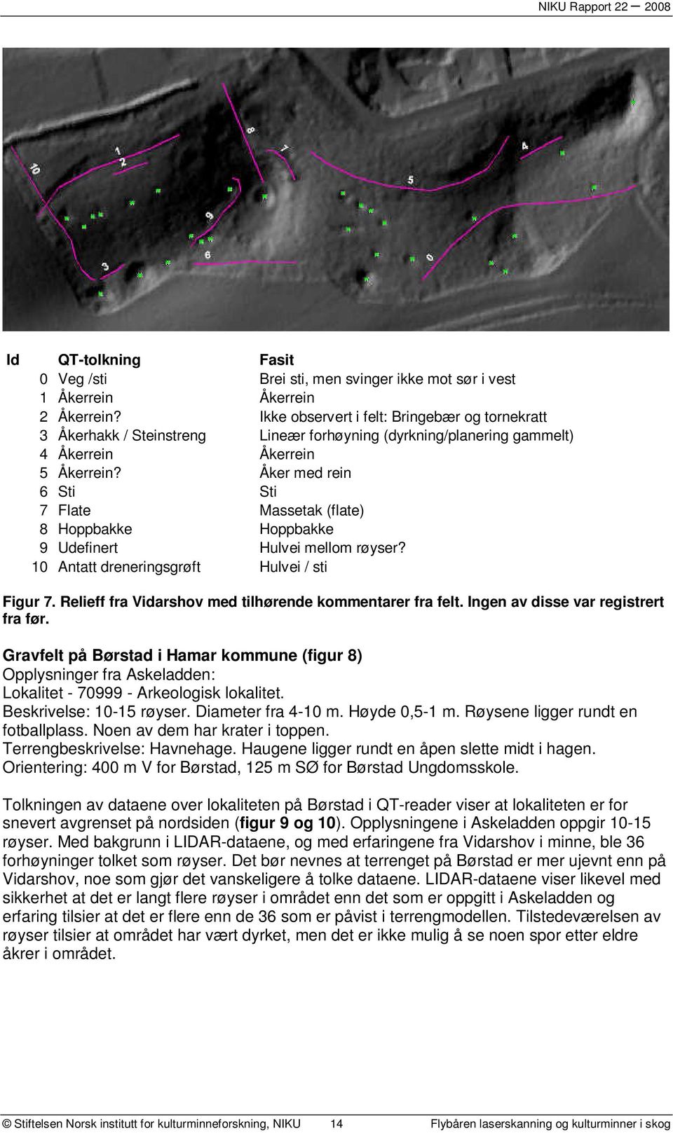 Åker med rein 6 Sti Sti 7 Flate Massetak (flate) 8 Hoppbakke Hoppbakke 9 Udefinert Hulvei mellom røyser? 10 Antatt dreneringsgrøft Hulvei / sti Figur 7.