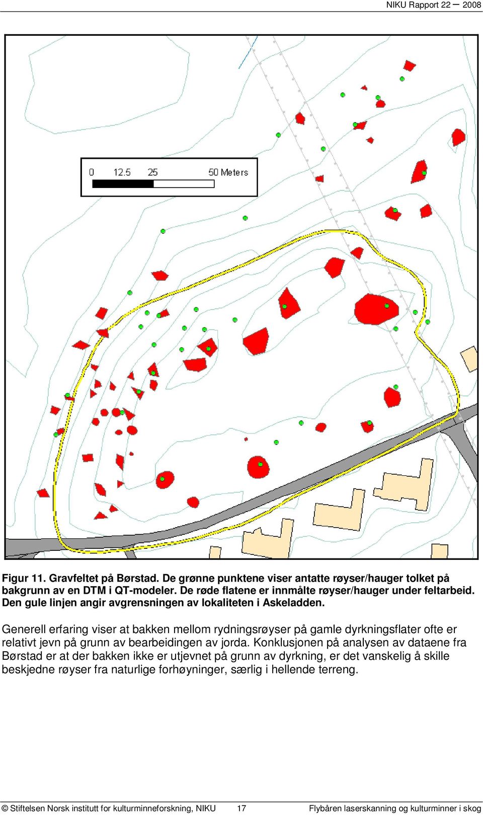 Generell erfaring viser at bakken mellom rydningsrøyser på gamle dyrkningsflater ofte er relativt jevn på grunn av bearbeidingen av jorda.