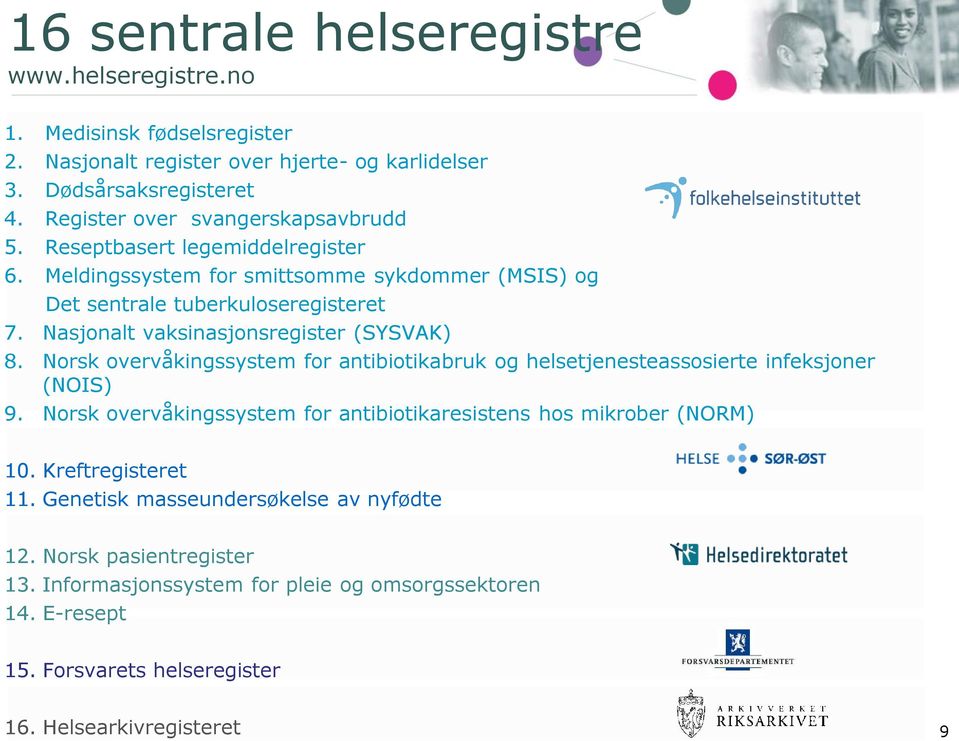 Nasjonalt vaksinasjonsregister (SYSVAK) 8. Norsk overvåkingssystem for antibiotikabruk og helsetjenesteassosierte infeksjoner (NOIS) 9.