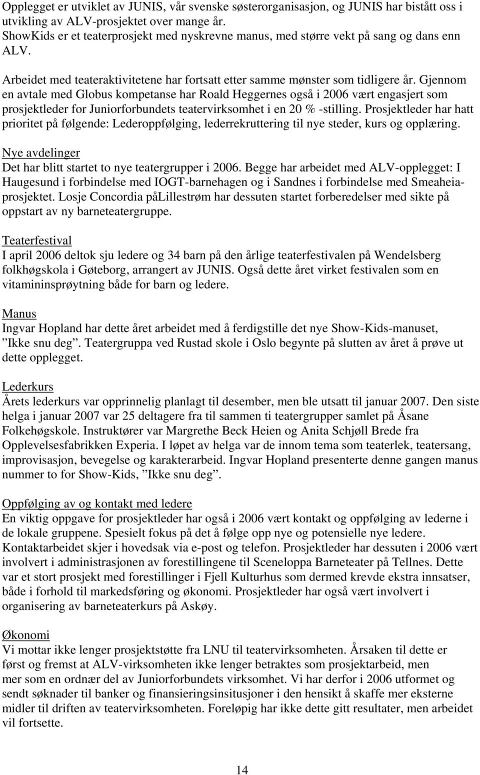 Gjennom en avtale med Globus kompetanse har Roald Heggernes også i 2006 vært engasjert som prosjektleder for Juniorforbundets teatervirksomhet i en 20 % -stilling.