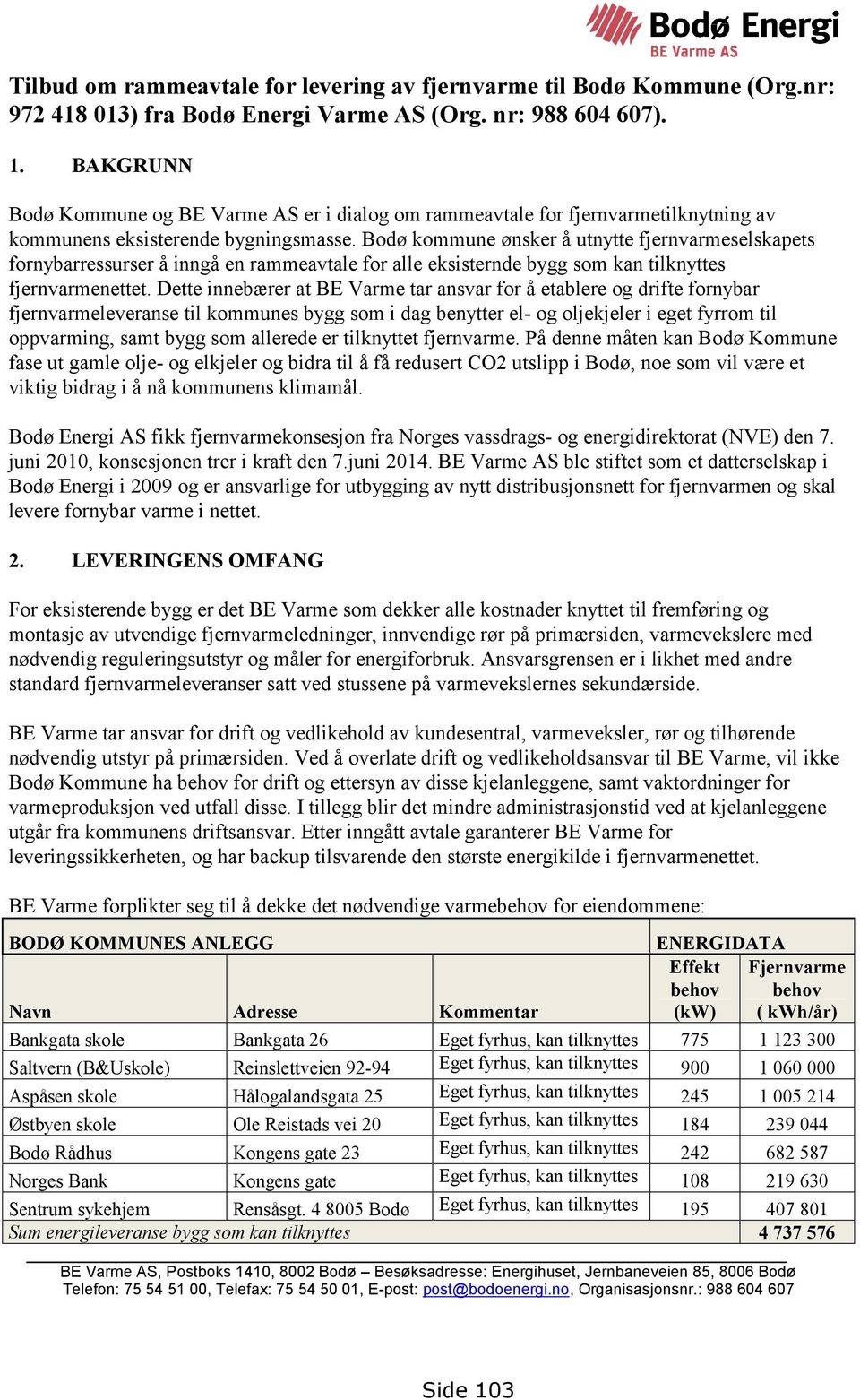 Bodø kommune ønsker å utnytte fjernvarmeselskapets fornybarressurser å inngå en rammeavtale for alle eksisternde bygg som kan tilknyttes fjernvarmenettet.