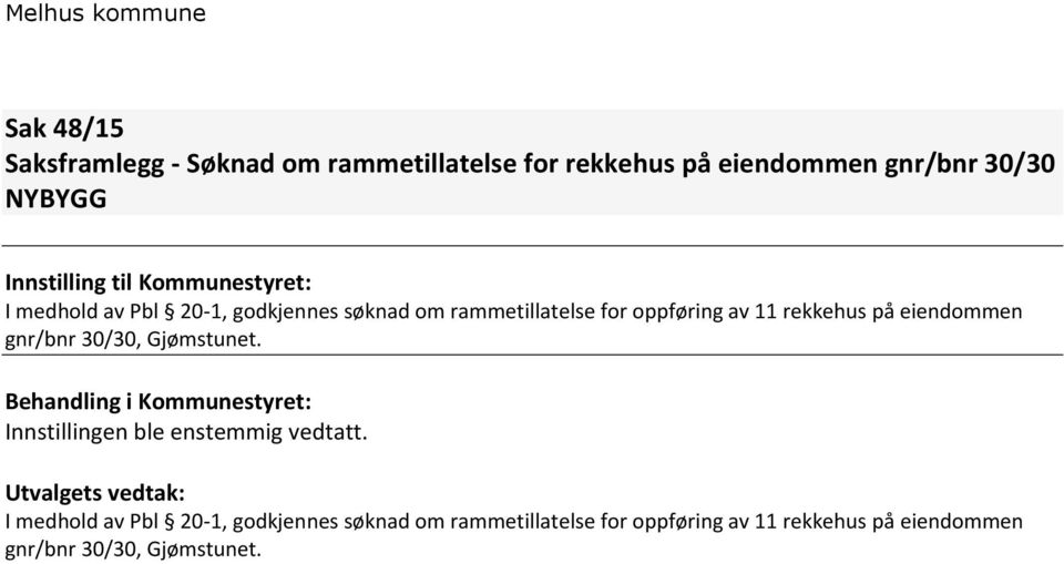 eiendommen gnr/bnr 30/30, Gjømstunet. Innstillingen ble enstemmig vedtatt.