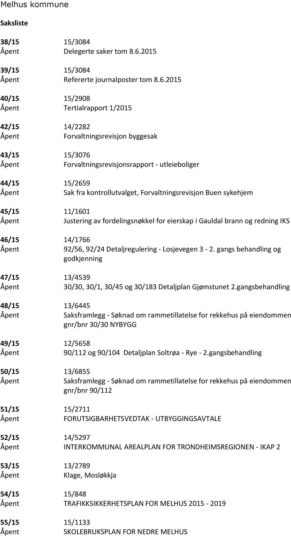 2015 40/15 15/2908 Åpent Tertialrapport 1/2015 42/15 14/2282 Åpent Forvaltningsrevisjon byggesak 43/15 15/3076 Åpent Forvaltningsrevisjonsrapport - utleieboliger 44/15 15/2659 Åpent Sak fra