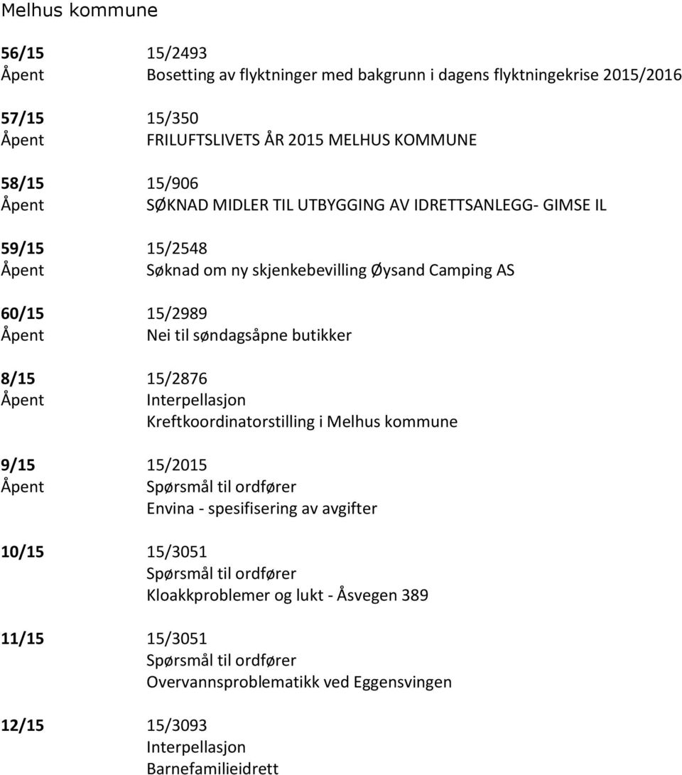 8/15 15/2876 Åpent Interpellasjon Kreftkoordinatorstilling i Melhus kommune 9/15 15/2015 Åpent Spørsmål til ordfører Envina - spesifisering av avgifter 10/15 15/3051