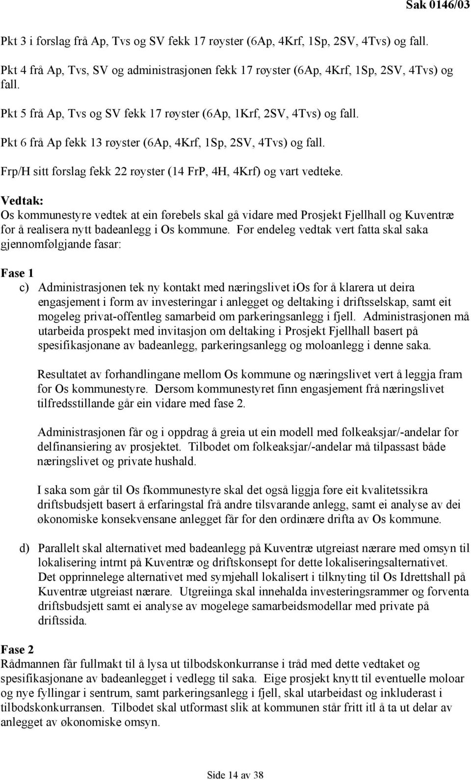 Frp/H sitt forslag fekk 22 røyster (14 FrP, 4H, 4Krf) og vart vedteke.