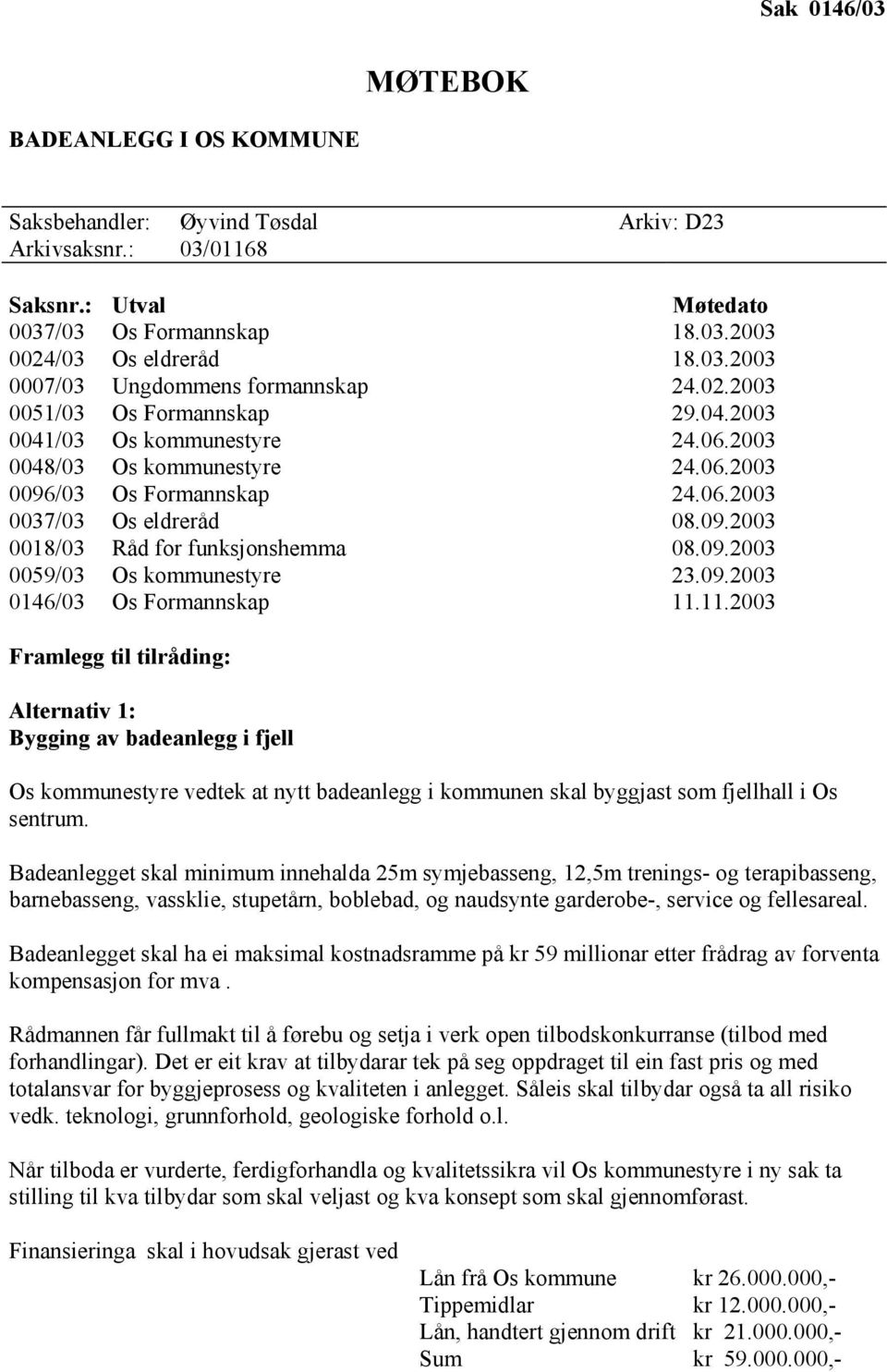 09.2003 0059/03 Os kommunestyre 23.09.2003 0146/03 Os Formannskap 11.