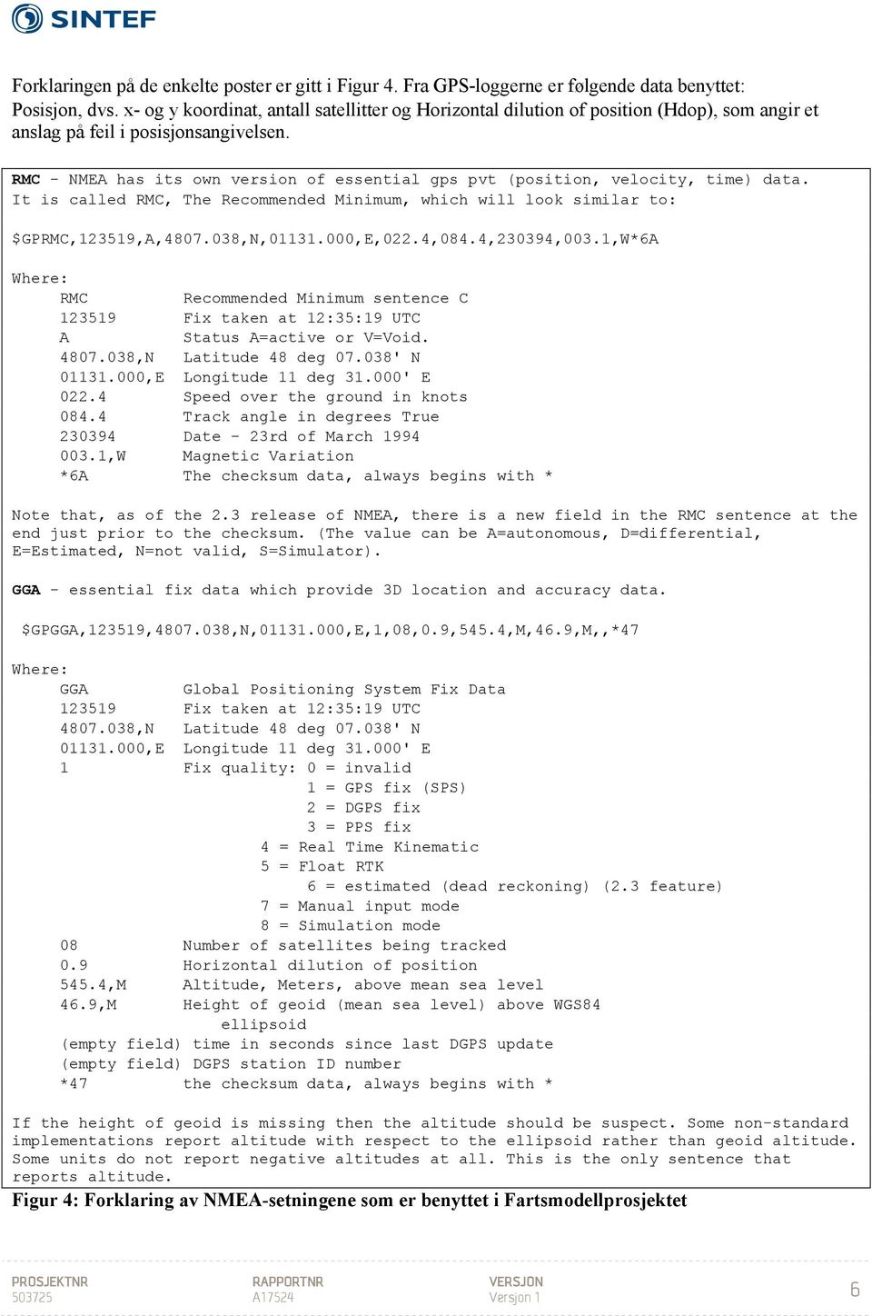 RMC - NMEA has its own version of essential gps pvt (position, velocity, time) data. It is called RMC, The Recommended Minimum, which will look similar to: $GPRMC,123519,A,4807.038,N,01131.000,E,022.