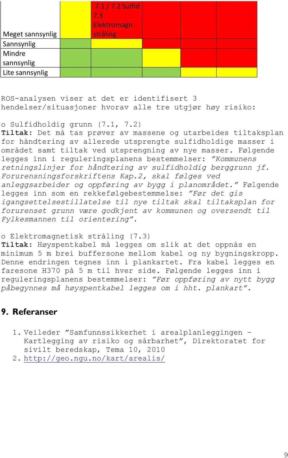 2) Tiltak: Det må tas prøver av massene og utarbeides tiltaksplan for håndtering av allerede utsprengte sulfidholdige masser i området samt tiltak ved utsprengning av nye masser.