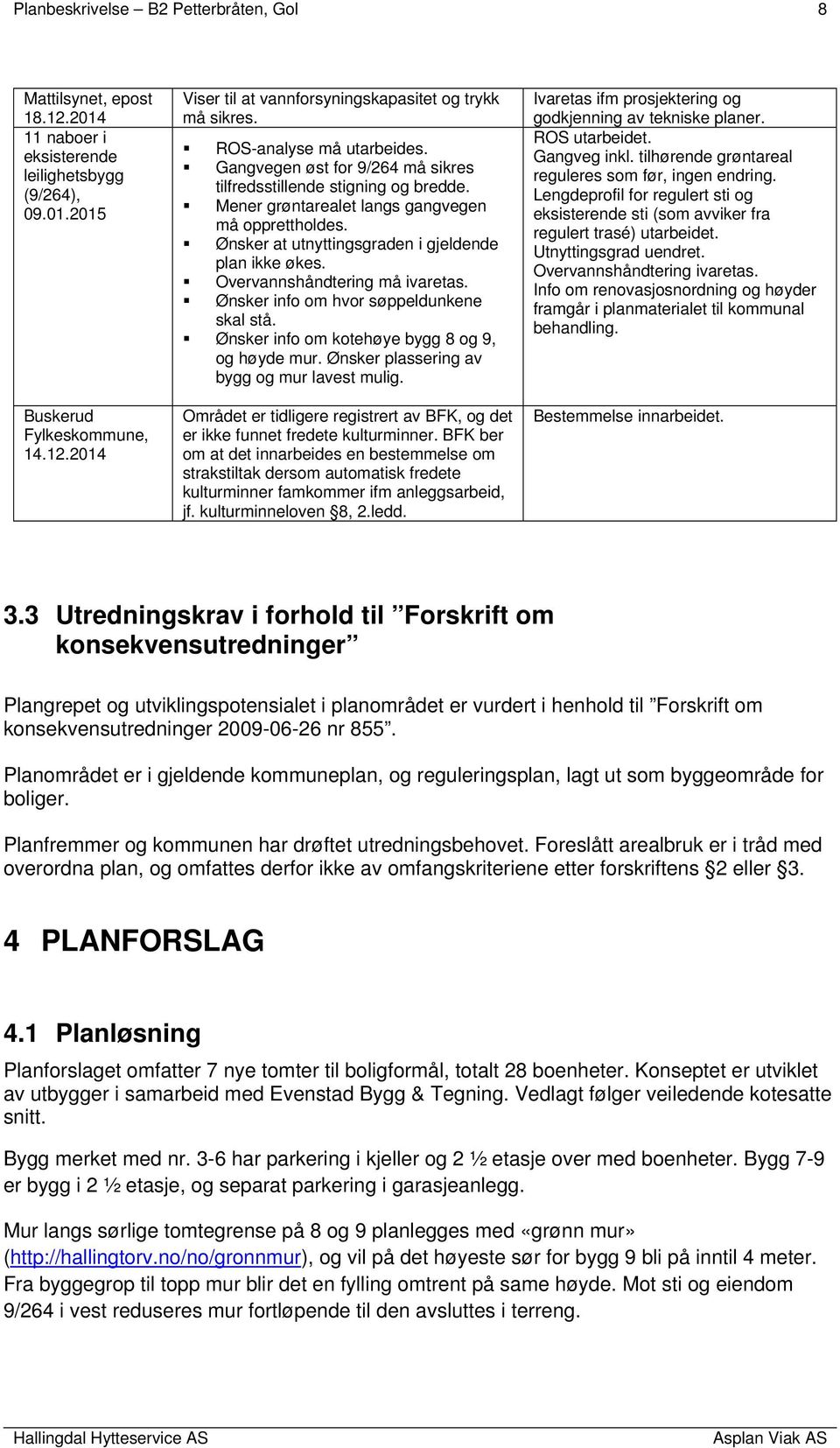 Ønsker at utnyttingsgraden i gjeldende plan ikke økes. Overvannshåndtering må ivaretas. Ønsker info om hvor søppeldunkene skal stå. Ønsker info om kotehøye bygg 8 og 9, og høyde mur.