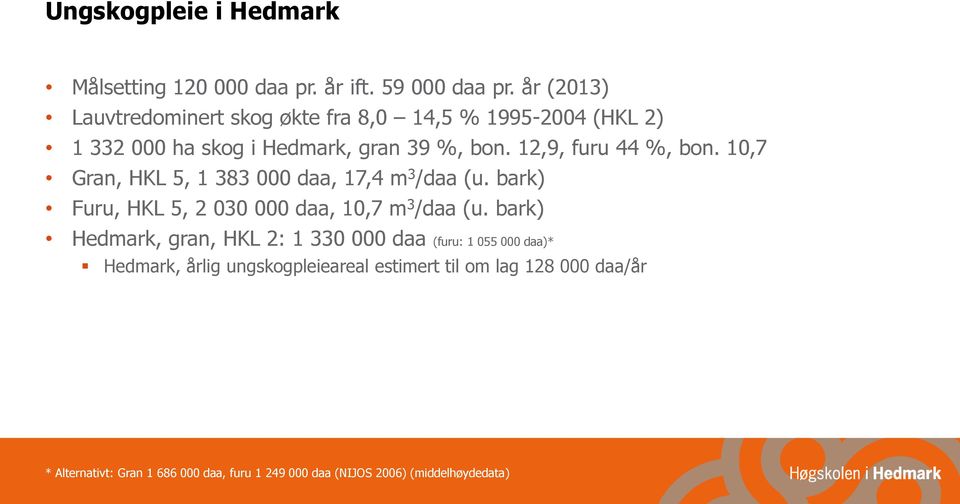 12,9, furu 44 %, bon. 10,7 Gran, HKL 5, 1 383 000 daa, 17,4 m 3 /daa (u. bark) Furu, HKL 5, 2 030 000 daa, 10,7 m 3 /daa (u.