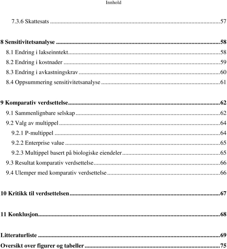 .. 64 9.2.1 P-multippel... 64 9.2.2 Enterprise value... 65 9.2.3 Multippel basert på biologiske eiendeler... 65 9.3 Resultat komparativ verdsettelse.