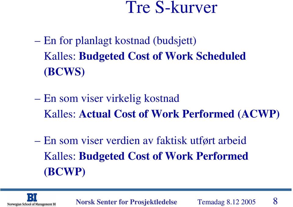 Cost of Work Performed (ACWP) En som viser verdien av faktisk utført