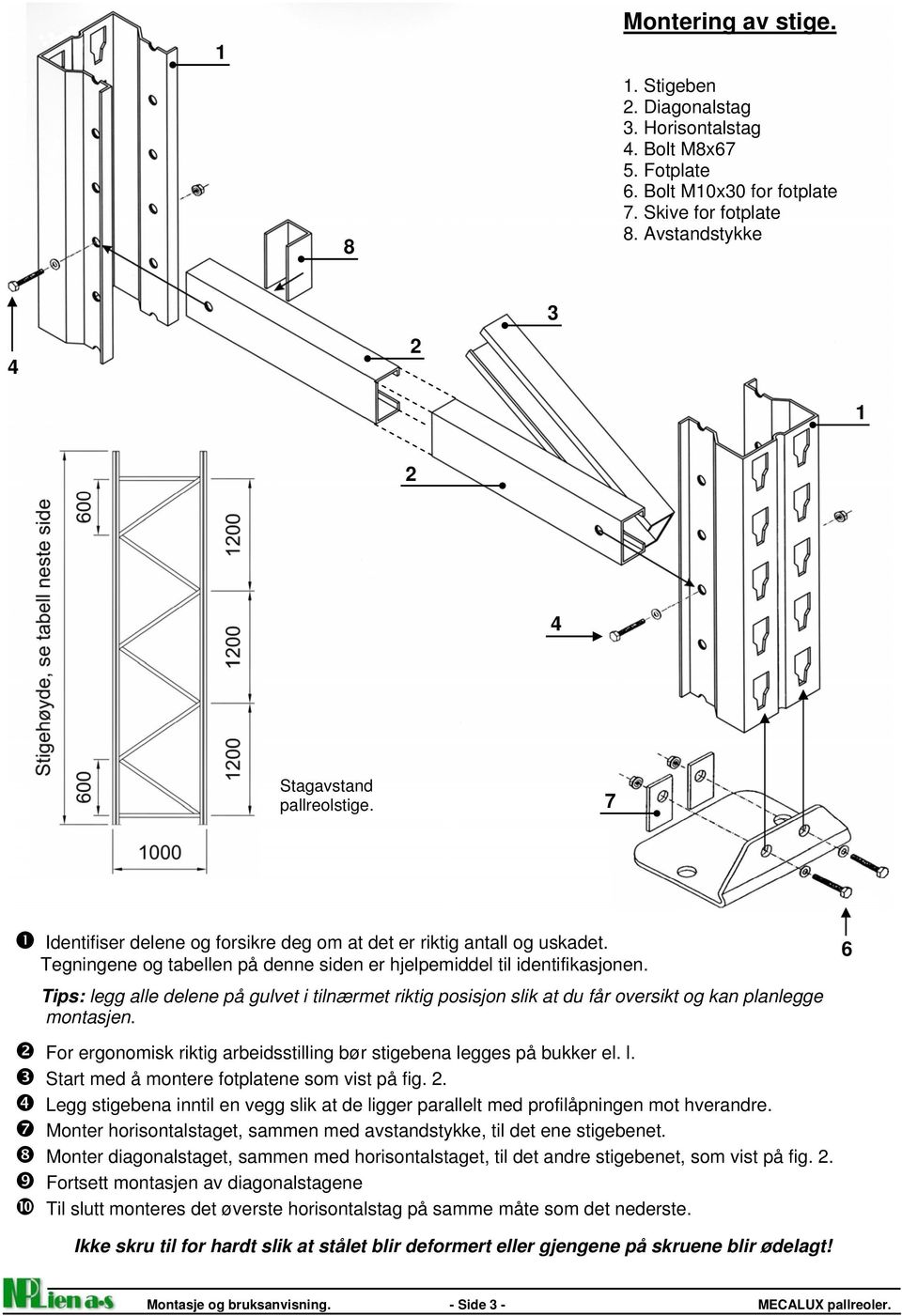 Tips: legg alle delene på gulvet i tilnærmet riktig posisjon slik at du får oversikt og kan planlegge montasjen. For ergonomisk riktig arbeidsstilling bør stigebena legges på bukker el. l. Start med å montere fotplatene som vist på fig.