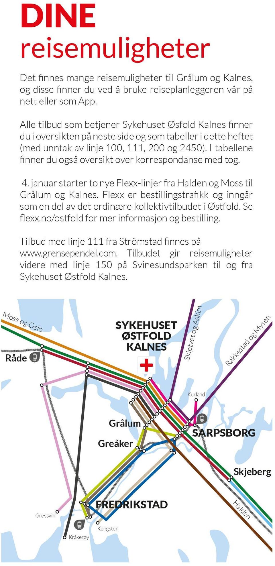 I tabellene finner du også oversikt over korrespondanse med tog. 4. januar starter to nye Flexx-linjer fra Halden og Moss til Grålum og Kalnes.