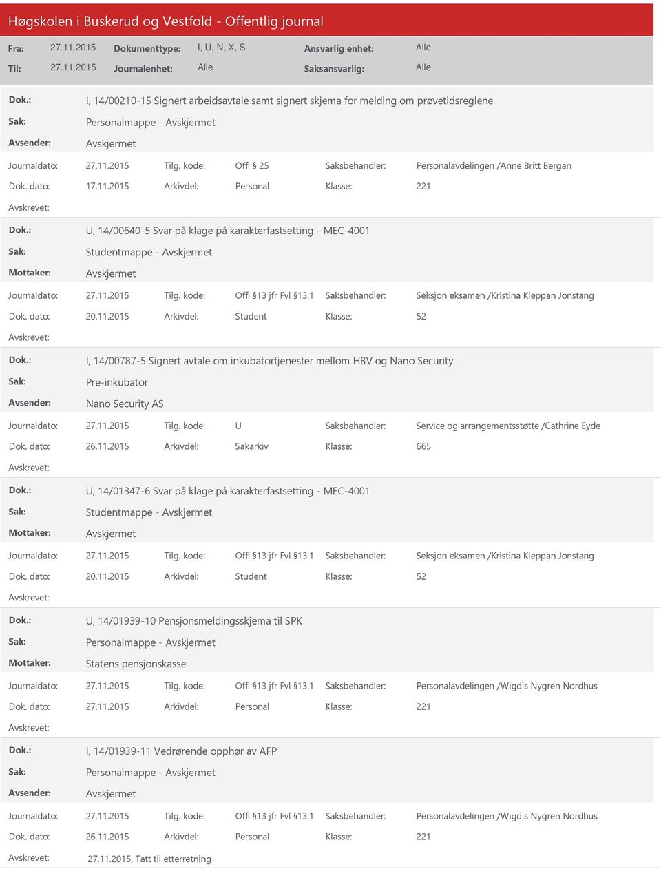 2015 Arkivdel: Student I, 14/00787-5 Signert avtale om inkubatortjenester mellom HBV og Nano Security Pre-inkubator Nano Security AS Service og arrangementsstøtte /Cathrine Eyde Dok. dato: 26.11.