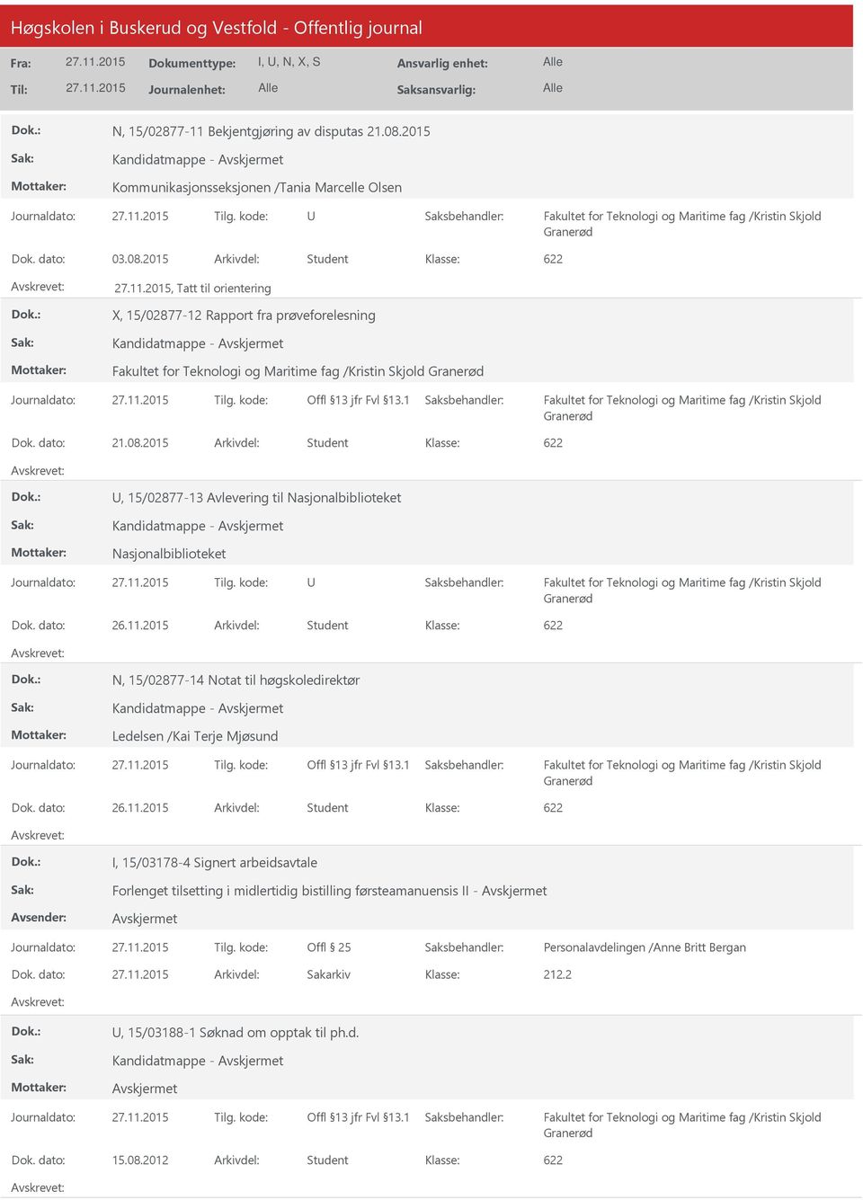 2015 Arkivdel: Student, 15/02877-13 Avlevering til Nasjonalbiblioteket Kandidatmappe - Nasjonalbiblioteket N, 15/02877-14 Notat til høgskoledirektør Kandidatmappe - Ledelsen /Kai Terje