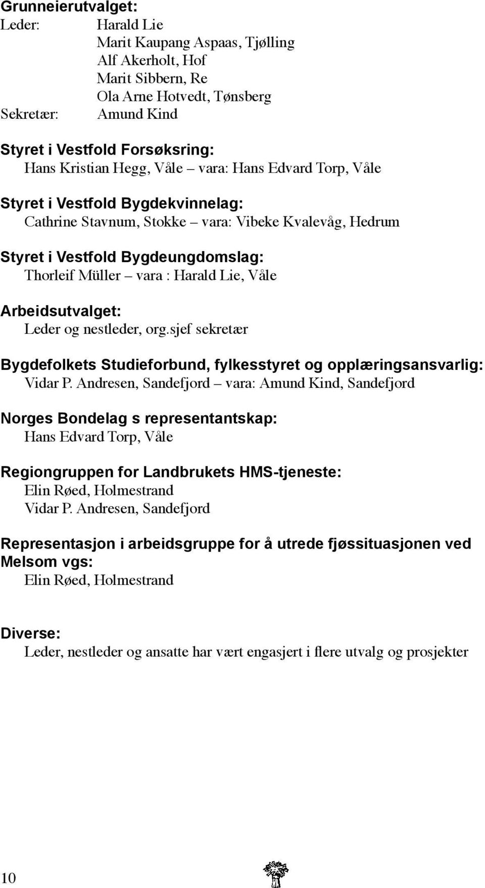 Våle Arbeidsutvalget: Leder og nestleder, org.sjef sekretær Bygdefolkets Studieforbund, fylkesstyret og opplæringsansvarlig: Vidar P.