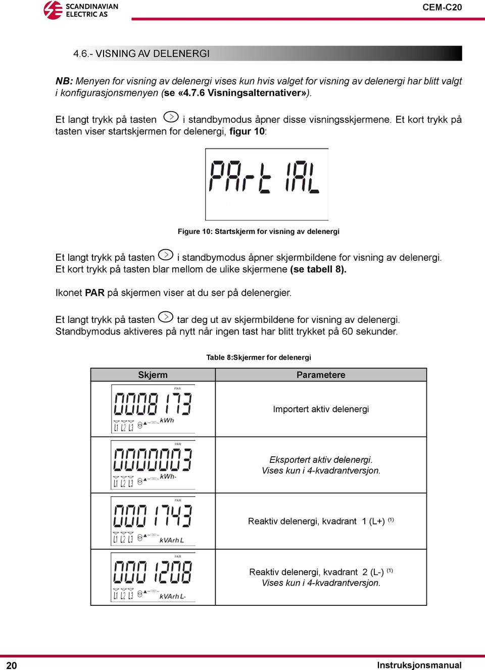 Et kort trykk på tasten viser startskjermen for delenergi, figur 10: Figure 10: Startskjerm for visning av delenergi Et langt trykk på tasten i standbymodus åpner skjermbildene for visning av