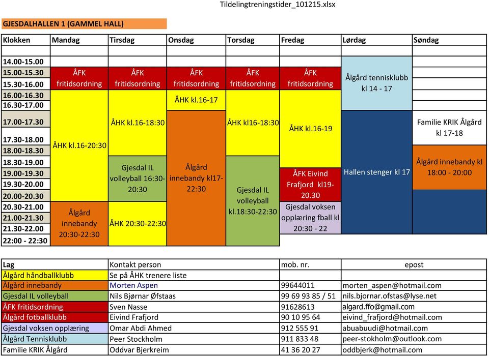 30 Gjesdal voksen opplæring fball kl 20:30-22 Hallen stenger kl 17 Familie KRIK Ålgård kl 17-18 Ålgård innebandy kl 18:00-20:00 Ålgård håndballklubb Ålgård innebandy Se på ÅHK trenere liste Morten