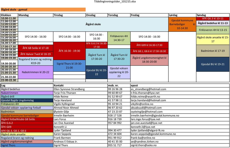 1, G8.6 kl 17:30-18:30 Badminton kl 17-19 Halvor Tveit kl 18-19 Ålgård Turn kl Ålgård Turn kl 17:30-20 17:30-20 Rogaland brann og redning.