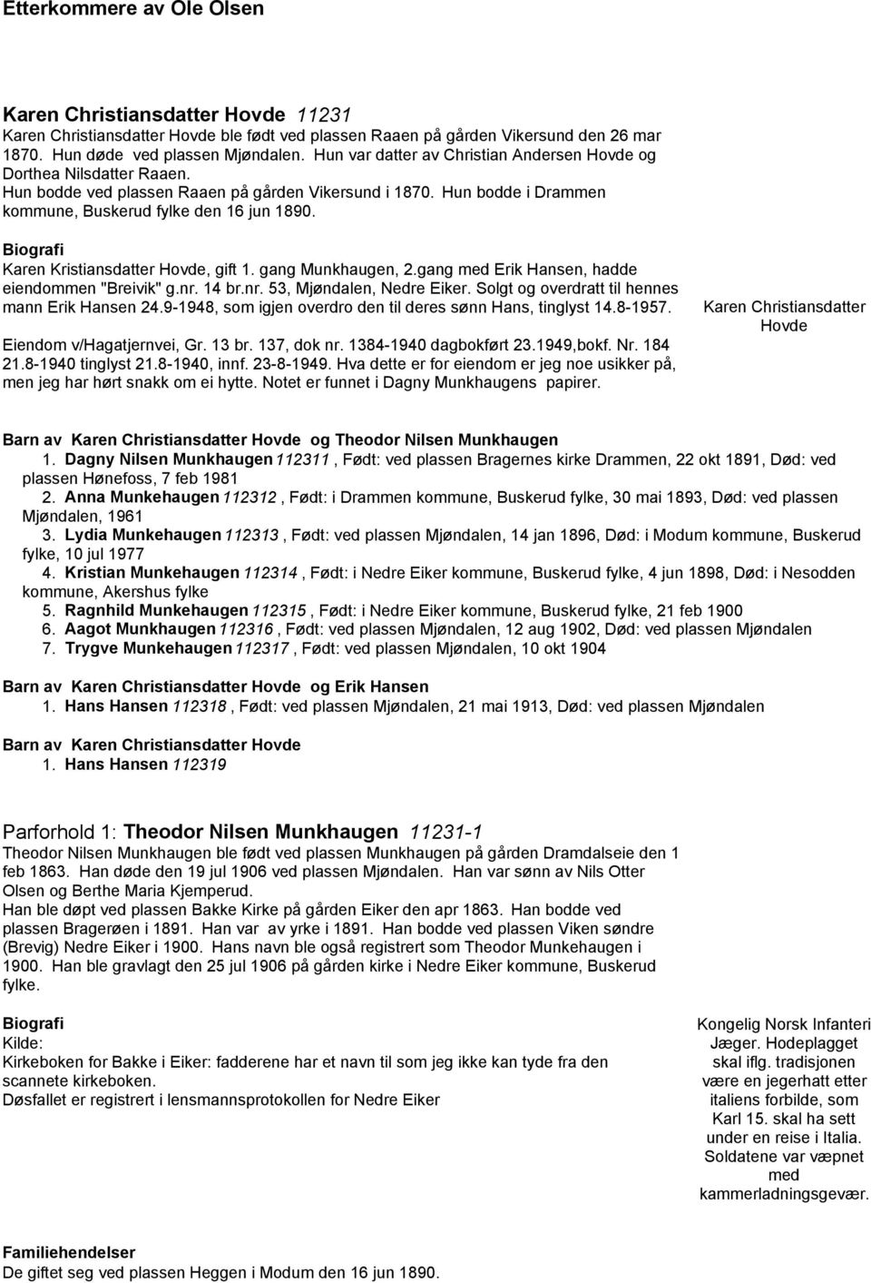 Karen Kristiansdatter Hovde, gift 1. gang Munkhaugen, 2.gang med Erik Hansen, hadde eiendommen "Breivik" g.nr. 14 br.nr. 53, Mjøndalen, Nedre Eiker. Solgt og overdratt til hennes mann Erik Hansen 24.