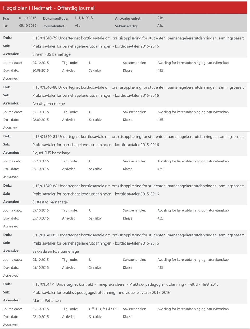 2015 Arkivdel: Sakarkiv I, 15/01540-81 ndertegnet korttidsavtale om praksisopplæring for studenter i barnehagelærerutdanningen, samlingsbasert Skyset FS barnehage Dok.