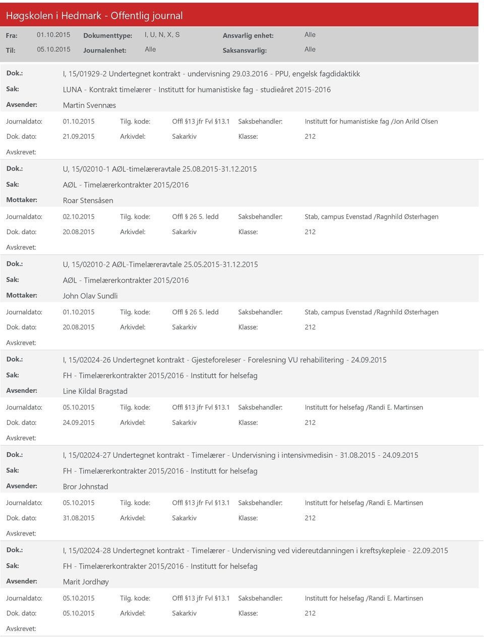 2015 Arkivdel: Sakarkiv, 15/02010-1 AØL-timelæreravtale 25.08.2015-31.12.2015 AØL - Timelærerkontrakter 2015/2016 Roar Stensåsen Offl 26 5. ledd Stab, campus Evenstad /Ragnhild Østerhagen Dok.