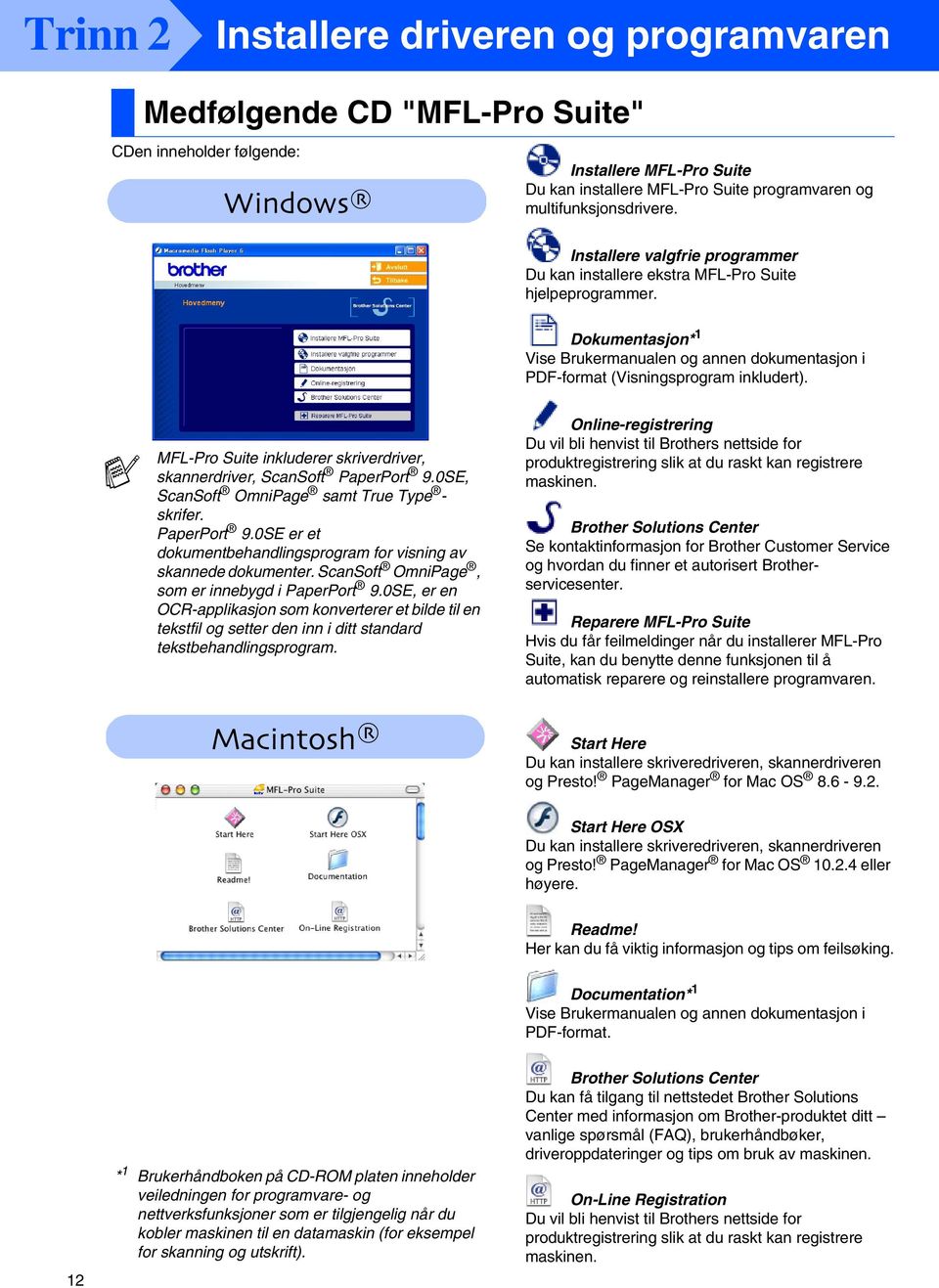 MFL-Pro Suite inkluderer skriverdriver, skannerdriver, ScanSoft PaperPort 9.0SE, ScanSoft OmniPage samt True Type - skrifer. PaperPort 9.0SE er et dokumentbehandlingsprogram for visning av skannede dokumenter.