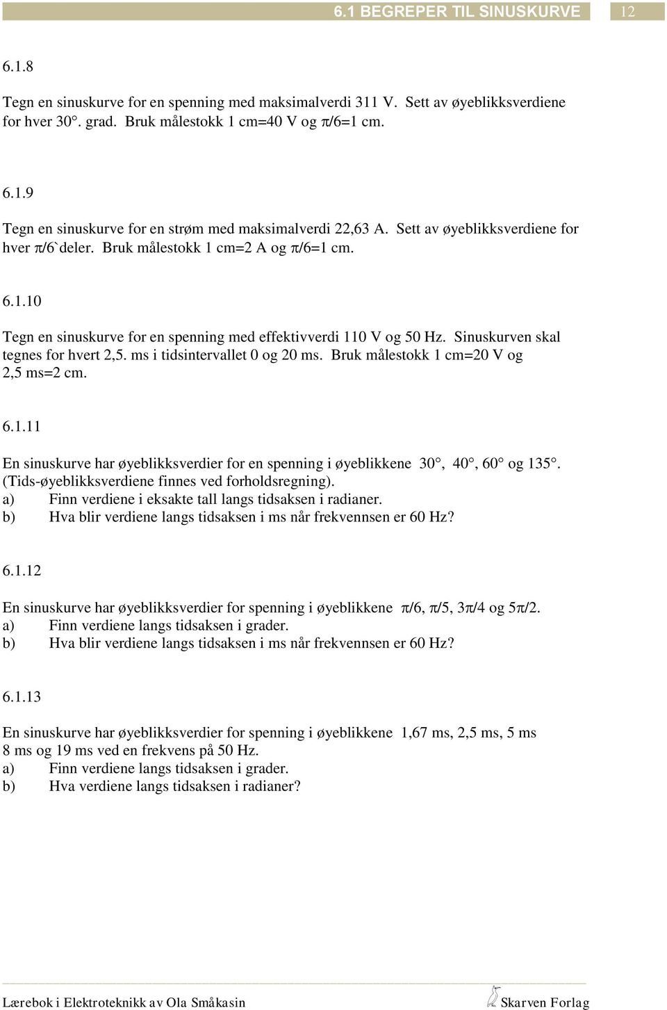 ms i tidsintervallet og ms. Bruk målestokk 1 cm= V og,5 ms= cm. 6.1.11 En sinuskurve har øyeblikksverdier for en spenning i øyeblikkene 3, 4, 6 og 135.
