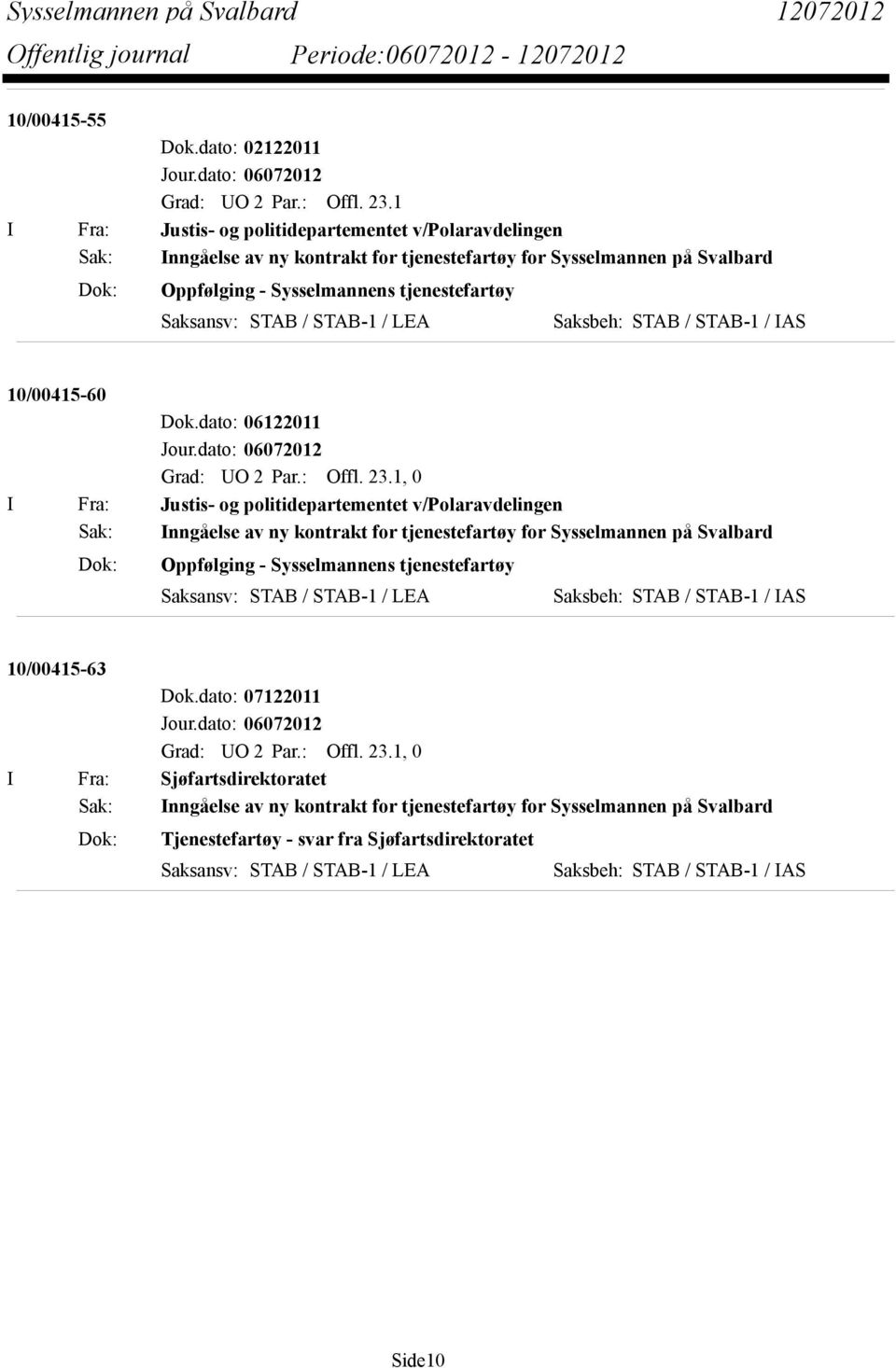 STAB-1 / LEA Saksbeh: STAB / STAB-1 / IAS 10/00415-60 Dok.dato: 06122011 Grad: UO 2 Par.: Offl. 23.