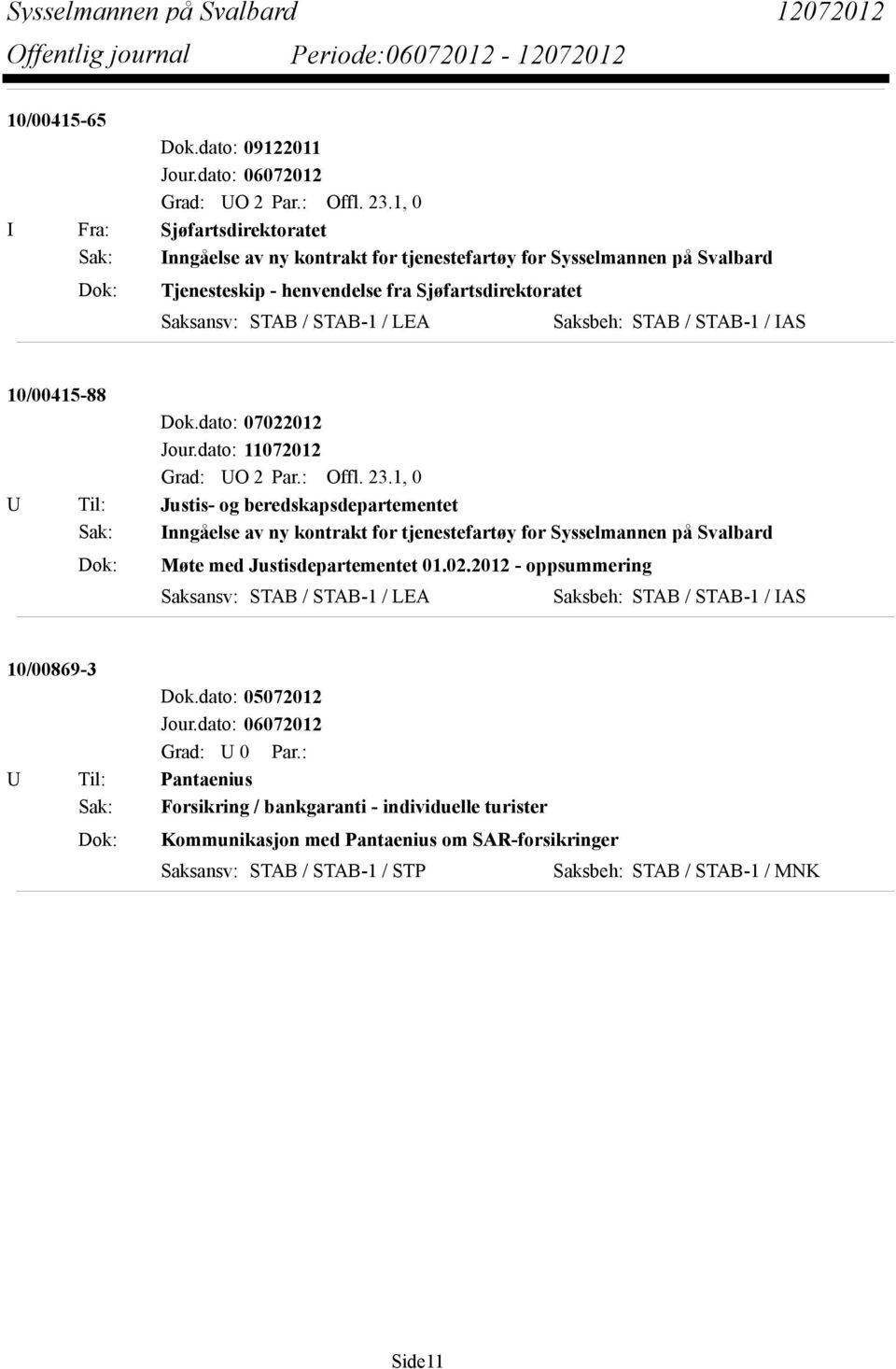 Saksbeh: STAB / STAB-1 / IAS 10/00415-88 Dok.dato: 07022012 Jour.dato: 11072012 Grad: UO 2 Par.: Offl. 23.