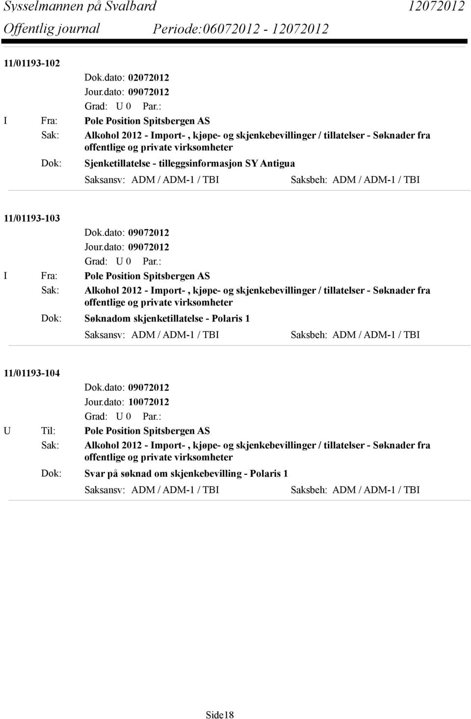 tilleggsinformasjon SY Antigua Saksansv: ADM / ADM-1 / TBI Saksbeh: ADM / ADM-1 / TBI 11/01193-103 I Fra: Pole Position Spitsbergen AS Sak: Alkohol 2012 - Import-, kjøpe- og skjenkebevillinger /